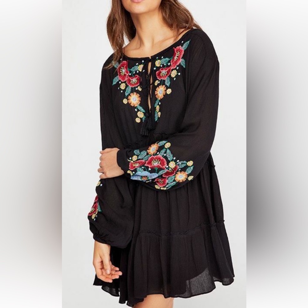 Free People Black Long-Sleeve Embroidered Floral Boho Dress
